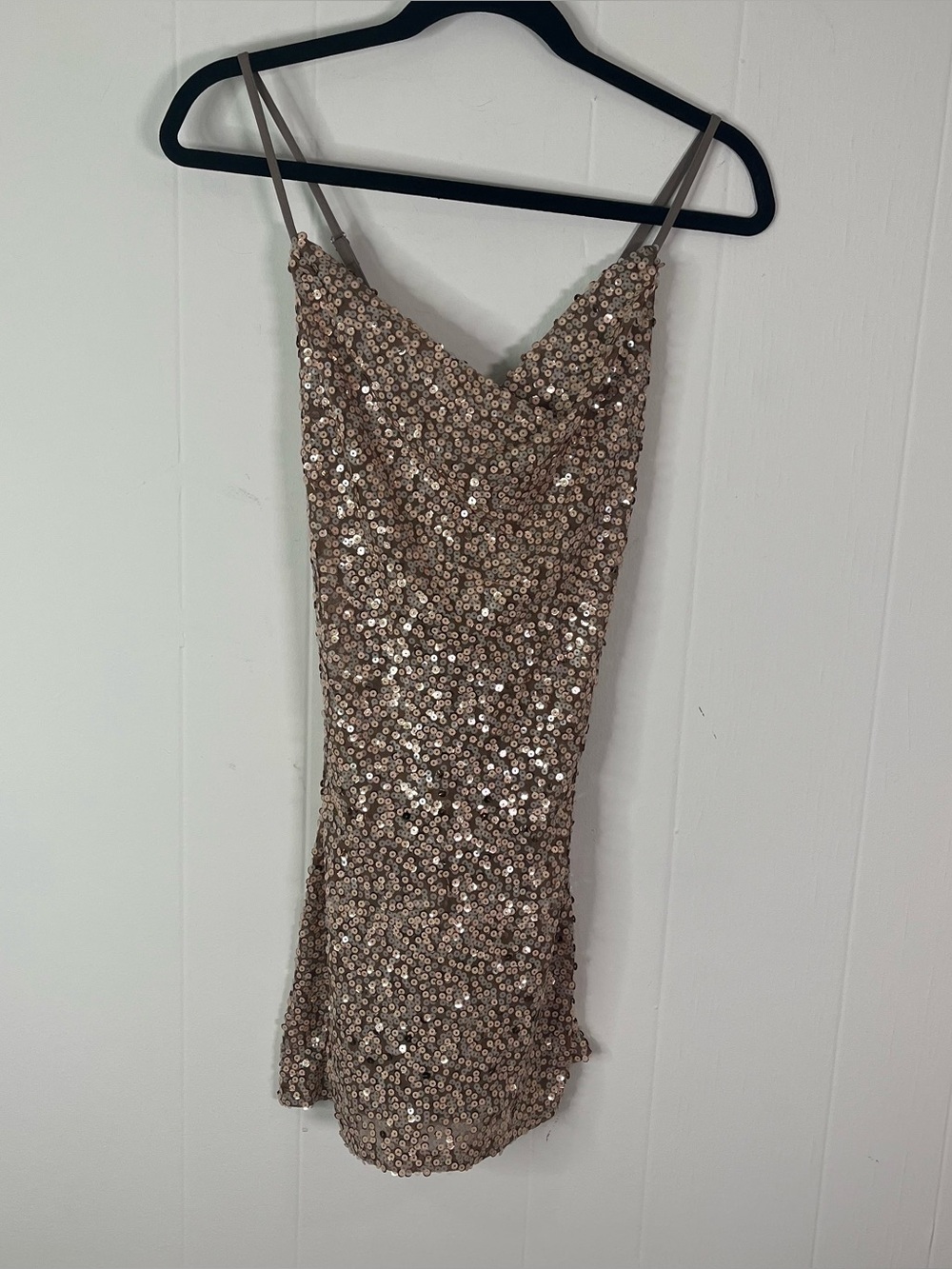 Morgan & Co XS Taupe Champagne Sequin Cowl Neck Mini Cocktail Dress